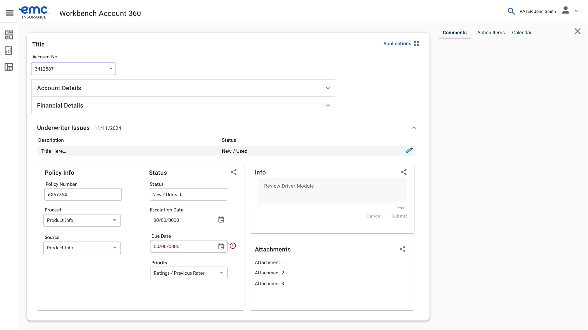 Underwriting Workbench issues and activities tab with account details
